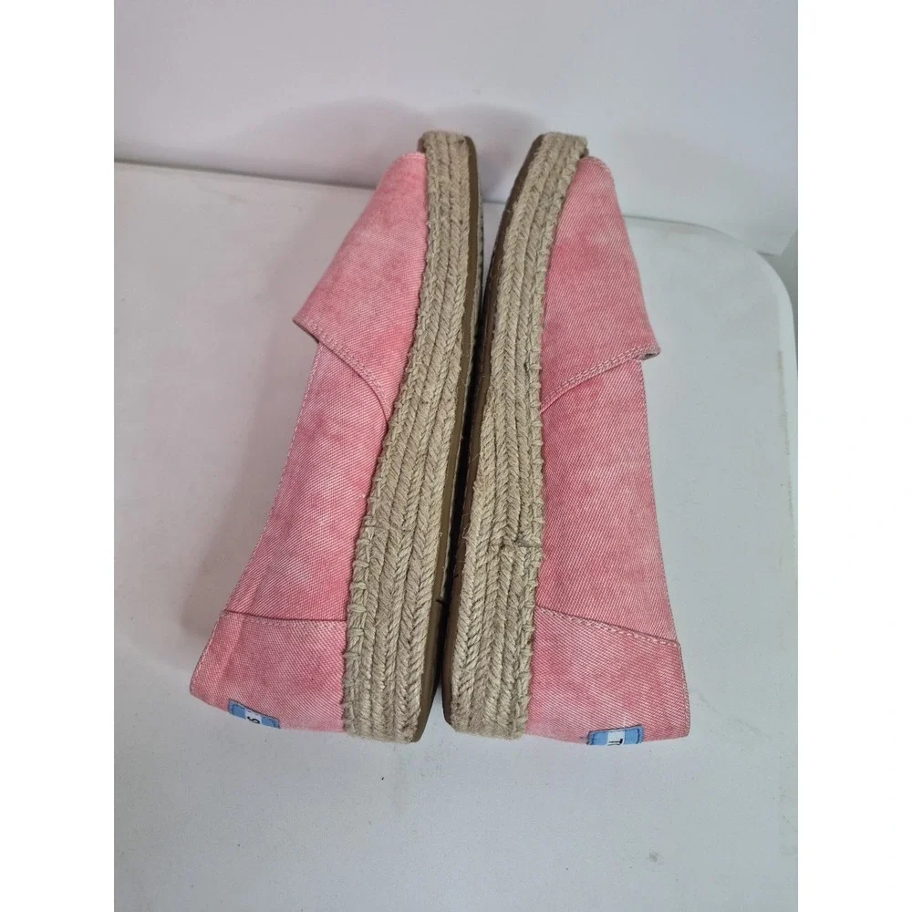 TOMS PINK / RED Chambray Espadrilles Low Wedge Peep Toe Slip On Shoes Sz 10‎